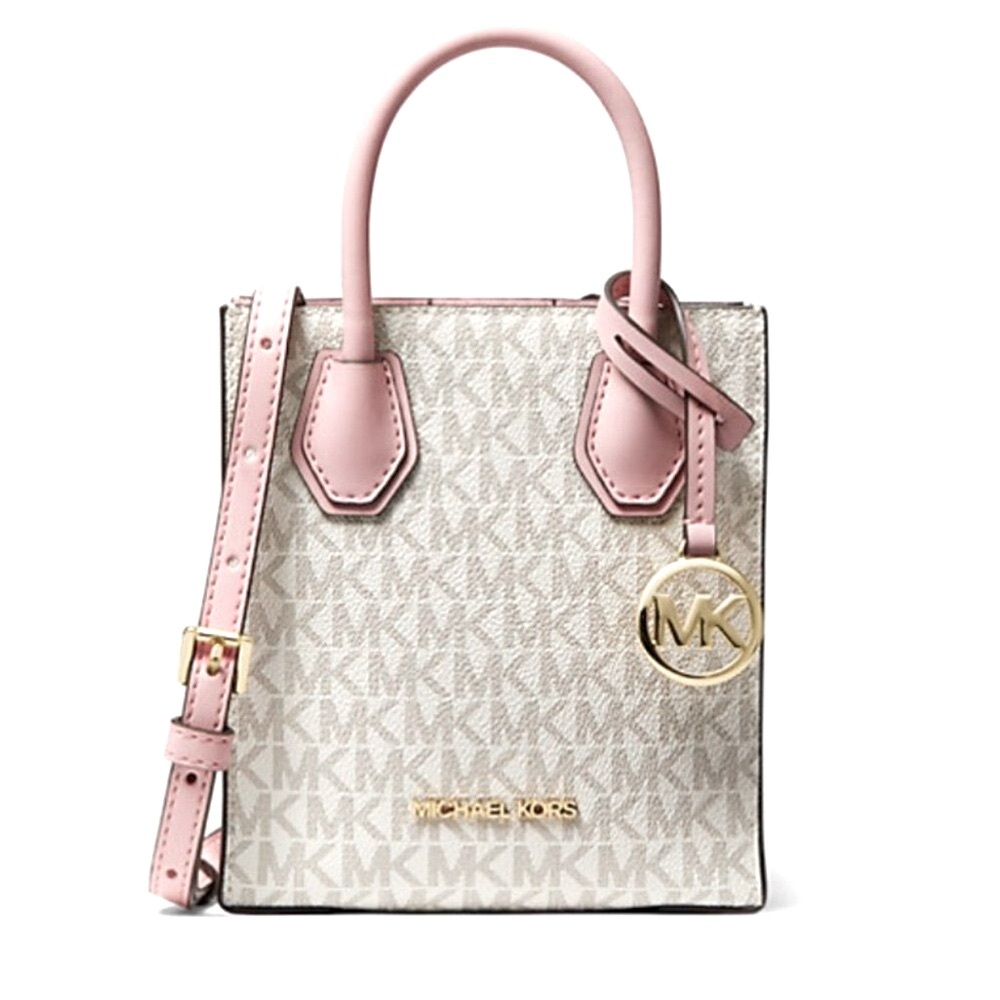 Michael Kors Mercer XS Logo Canvas and Pink Powder Blush Leather Crossbody Bag